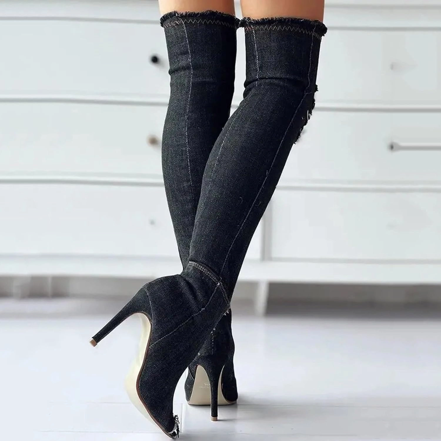 Knee High Boots Women Low Heel Winter Boots for Women Fashion Open Cowboy Knee High Boots Skinny Open Toe Shoes Knee High Muck Boots