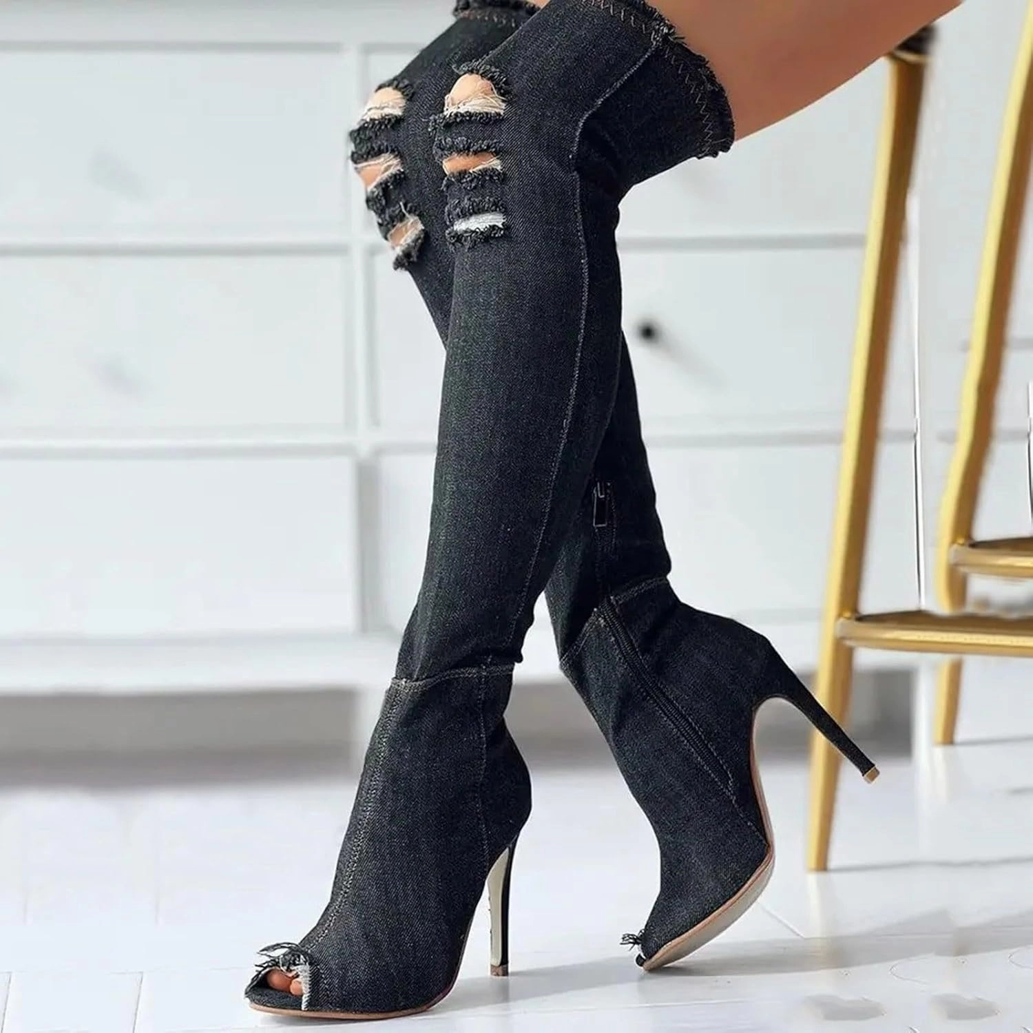 Knee High Biker Style Boots Knee High Boots Women Low Heel Winter Boots for Women Fashion Open Cowboy Knee High Boots Skinny Open Toe Shoes