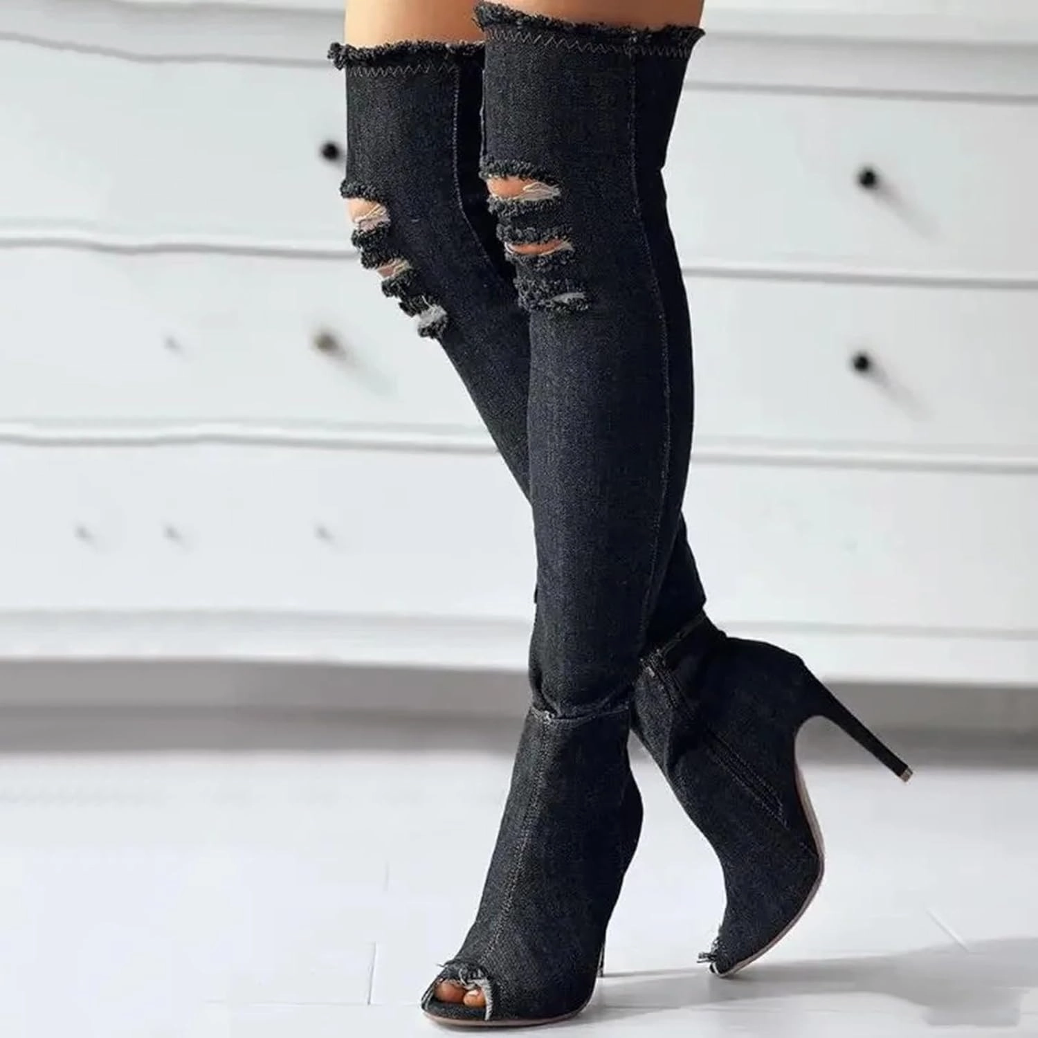 Knee High Boots Women Low Heel Winter Boots for Women Fashion Open Cowboy Knee High Boots Skinny Open Toe Shoes Knee High Suede Boots Heel