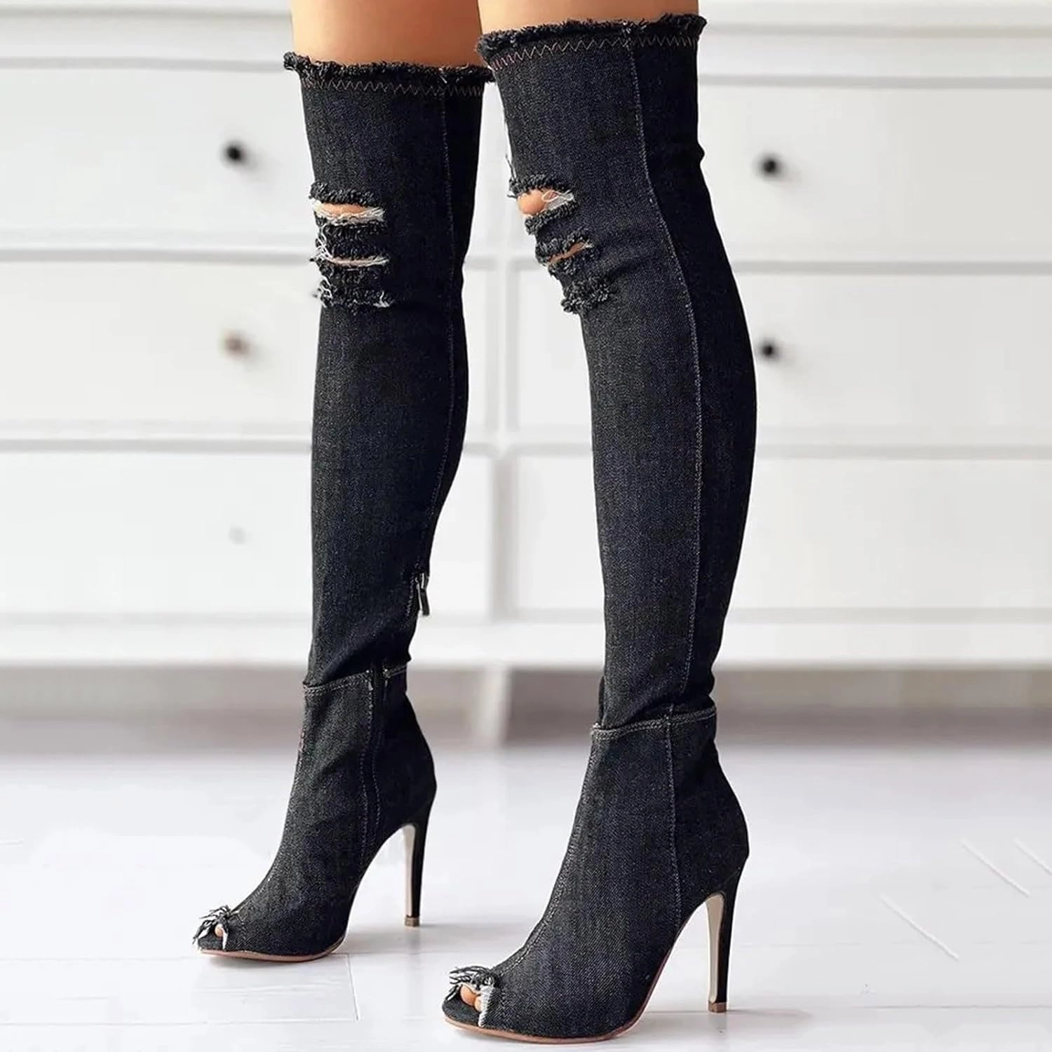 Knee High Boots Women Low Heel Winter Boots for Women Fashion Open Cowboy Knee High Boots Skinny Open Toe Shoes Thin Knee High Boots
