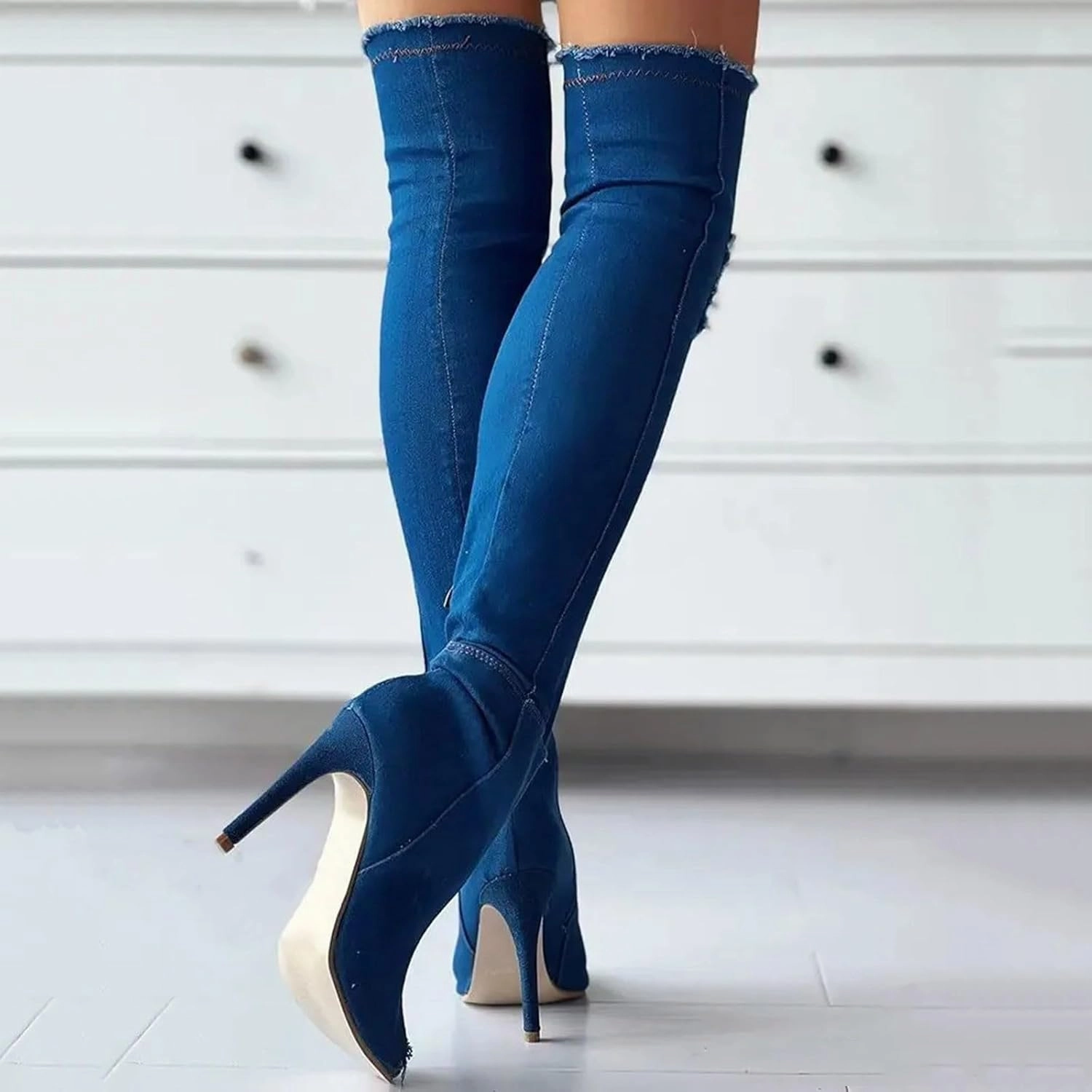 Clearance Knee High Boots Knee High Boots Women Low Heel Winter Boots for Women Fashion Open Cowboy Knee High Boots Skinny Open Toe Shoes