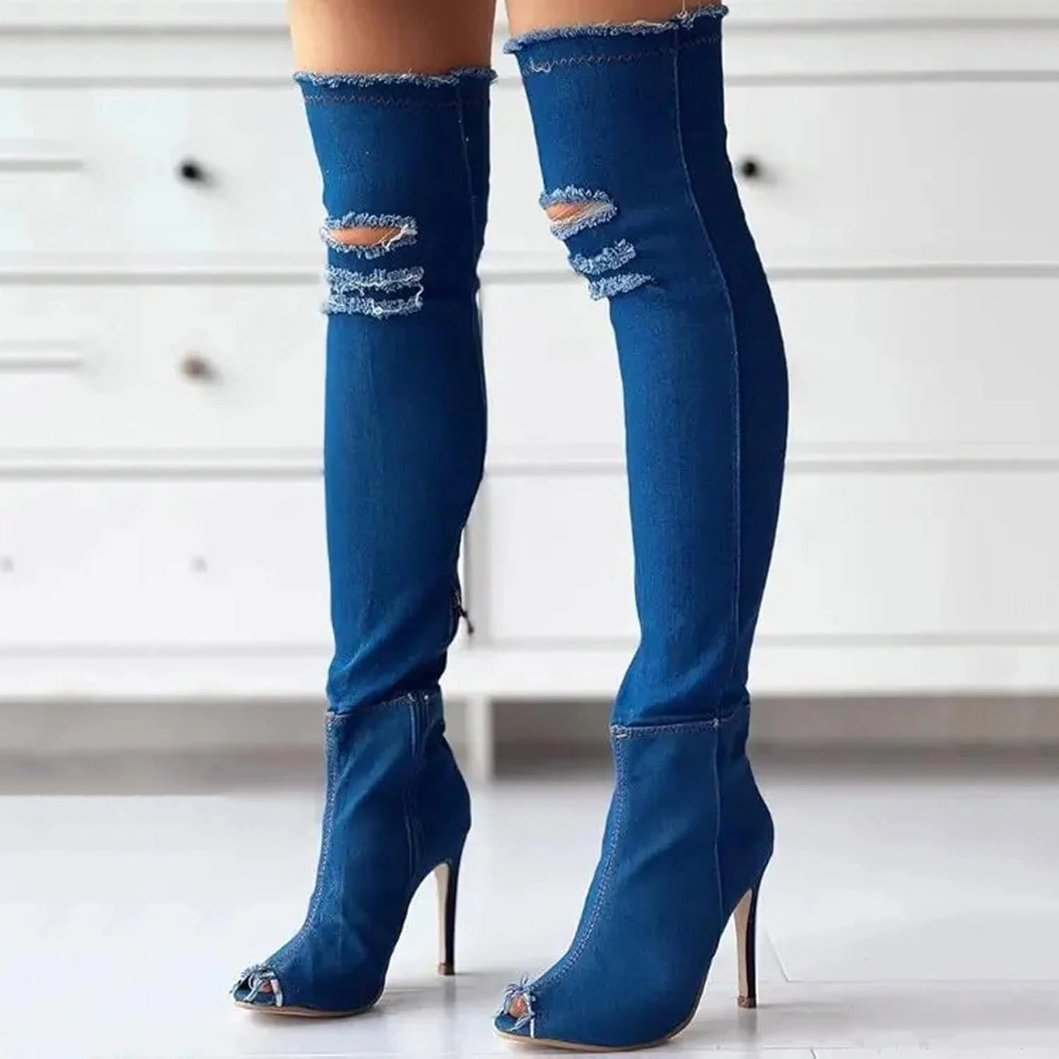 Knee High Boots Women Low Heel Winter Boots for Women Fashion Open Cowboy Knee High Boots Skinny Open Toe Shoes Ugly Knee High Boots