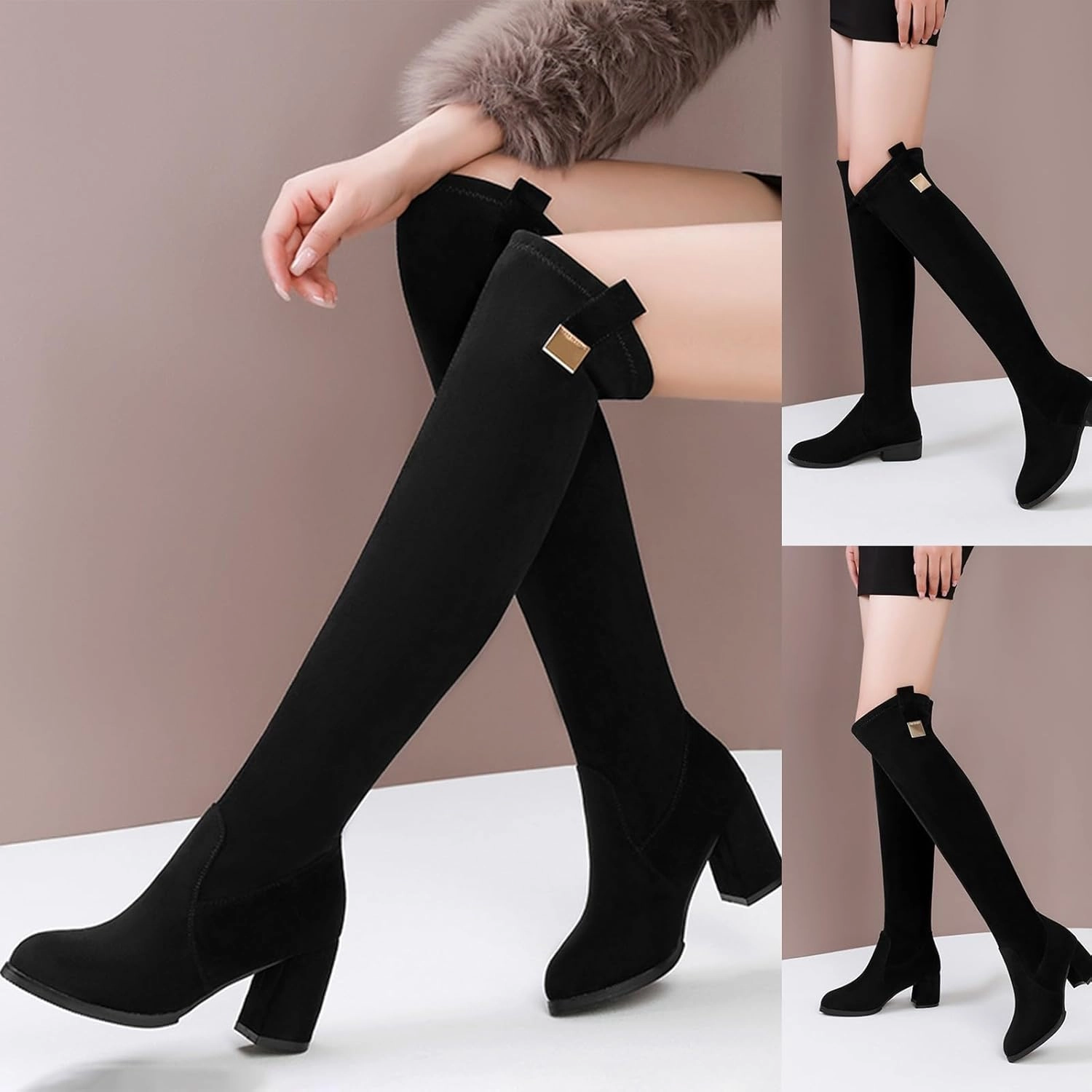 Knee High Boots Women Pointed Head Thick Heel High Heel Boots Over The Knee Boots Thin Elastic Boots Thigh-High Boots Flat Knee High Stretch Boots