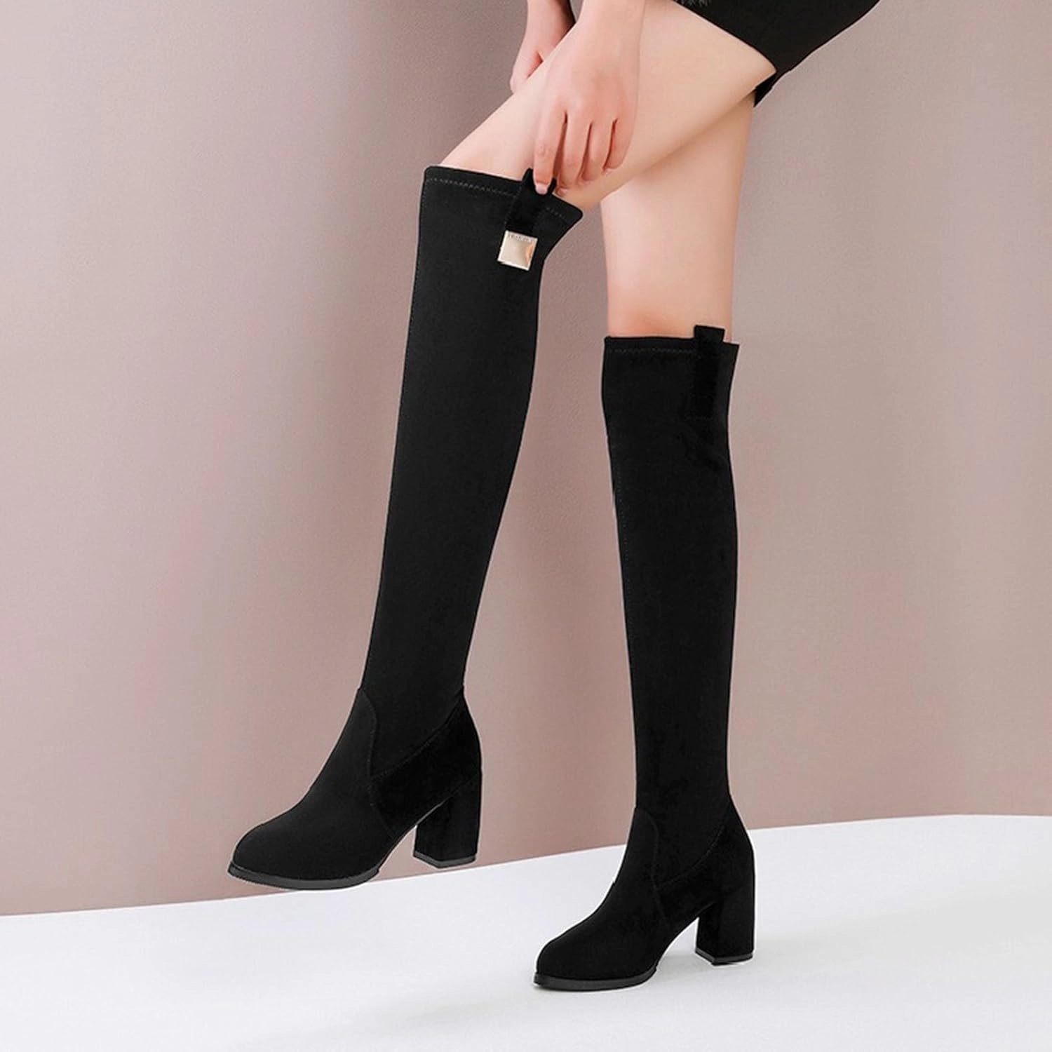 Knee High Boots Women Pointed Head Thick Heel High Heel Boots Over The Knee Boots Thin Elastic Boots Thigh-High Boots Flat Sock Knee High Boots