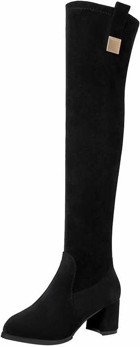 Knee High Boots Women Pointed Head Thick Heel High Heel Boots Over The Knee Boots Thin Elastic Boots Thigh-High Boots Wide Calf Knee High Boots Size 6
