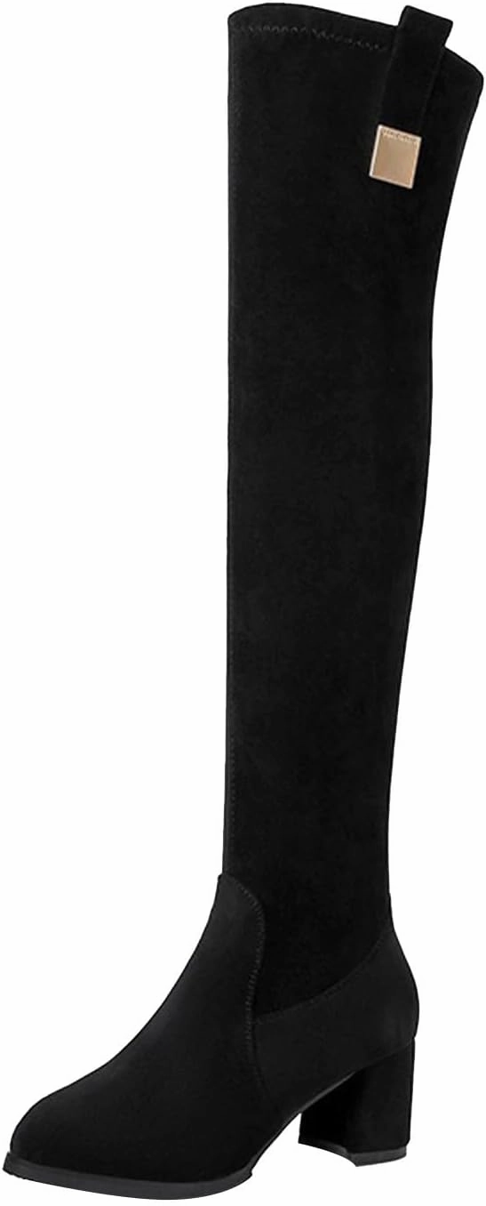 Knee High Stiletto Leather Boots Knee High Boots Women Pointed Head Thick Heel High Heel Boots Over The Knee Boots Thin Elastic Boots Thigh-High Boots