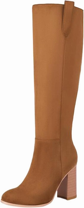 Knee High Boots Women Thigh High Boots for Women Fashion Round Head Flock Non Slip High Heel Suede Boot Slip On Boots Harness Knee High Boots