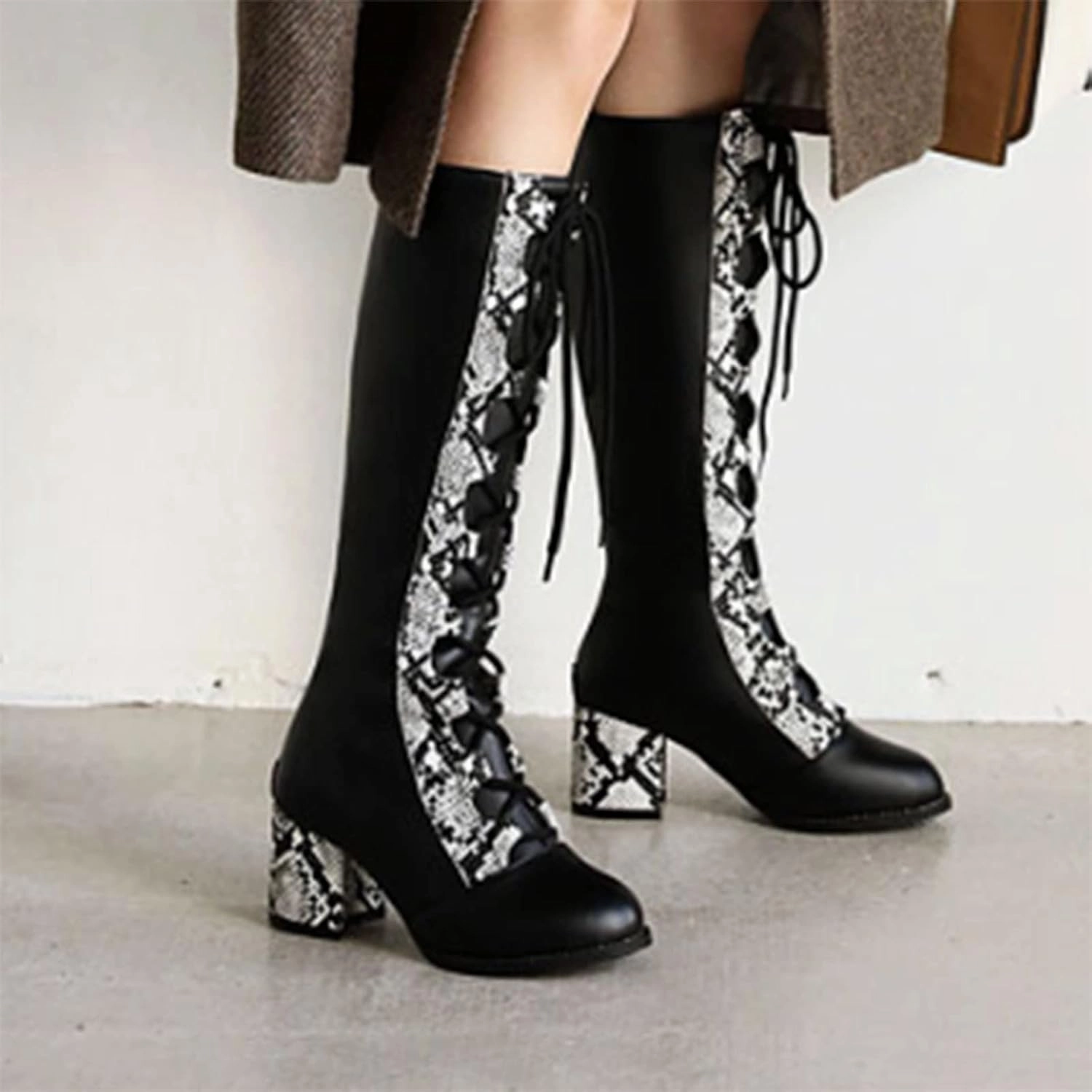 Knee High Croc Boots Wide Calf Knee High Boots Women Thigh High Boots Pu Round Toe Lace Up Boots Fal Boots 2024 Winter Women Boots Fashion Boots
