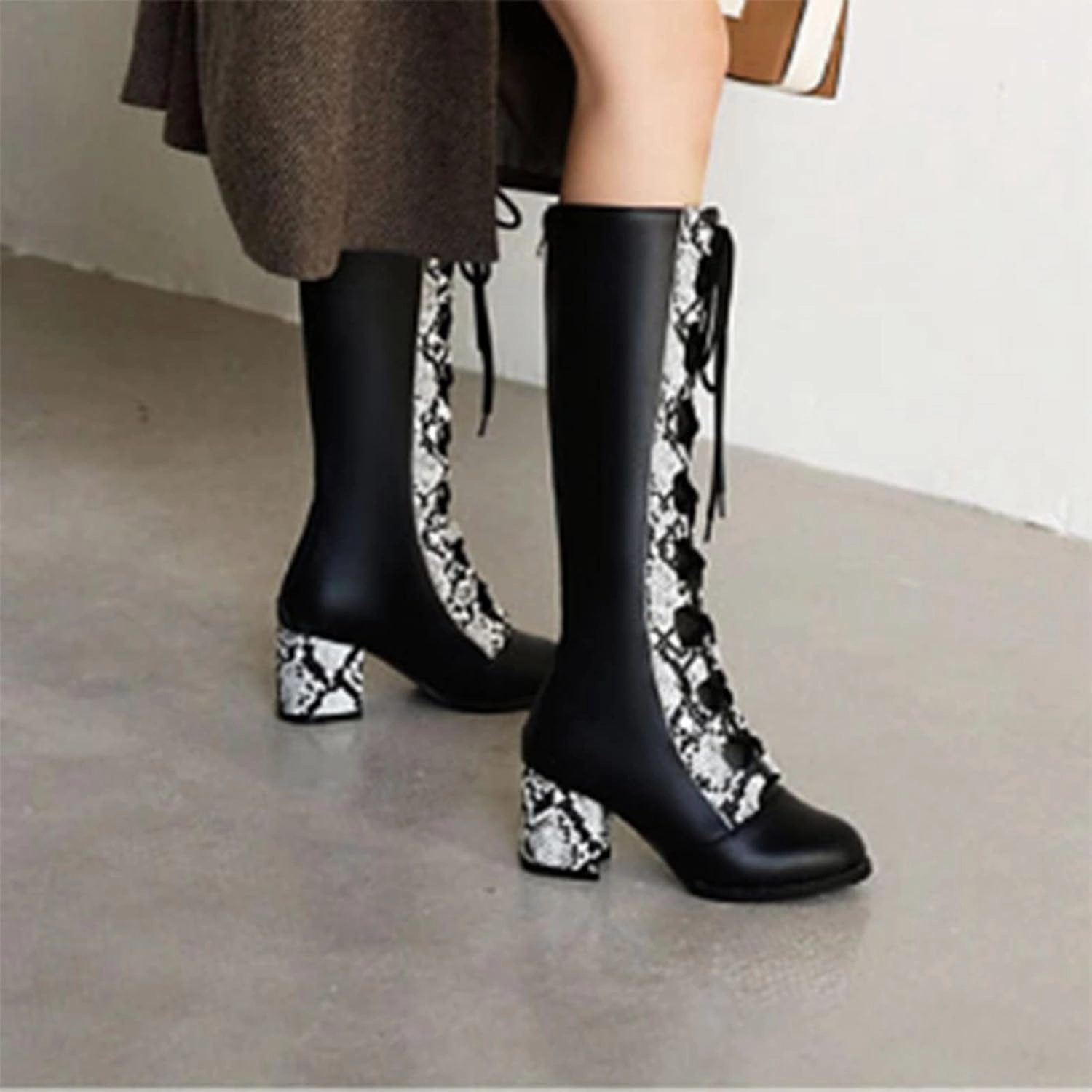 Knee High Boots Women Thigh High Boots Pu Round Toe Lace Up Boots Fal Boots 2024 Winter Women Boots Fashion Boots Celebrity Knee High Boots