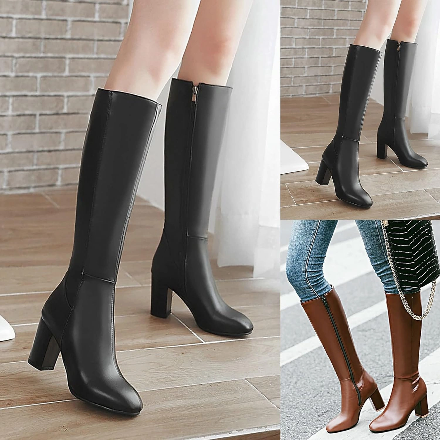Knee High Brown Heeled Boots Knee High Boots Women Thigh High Boots Women's Thick Heel High Heel Square Toe Fashionable Chelsea Boots Comfortable