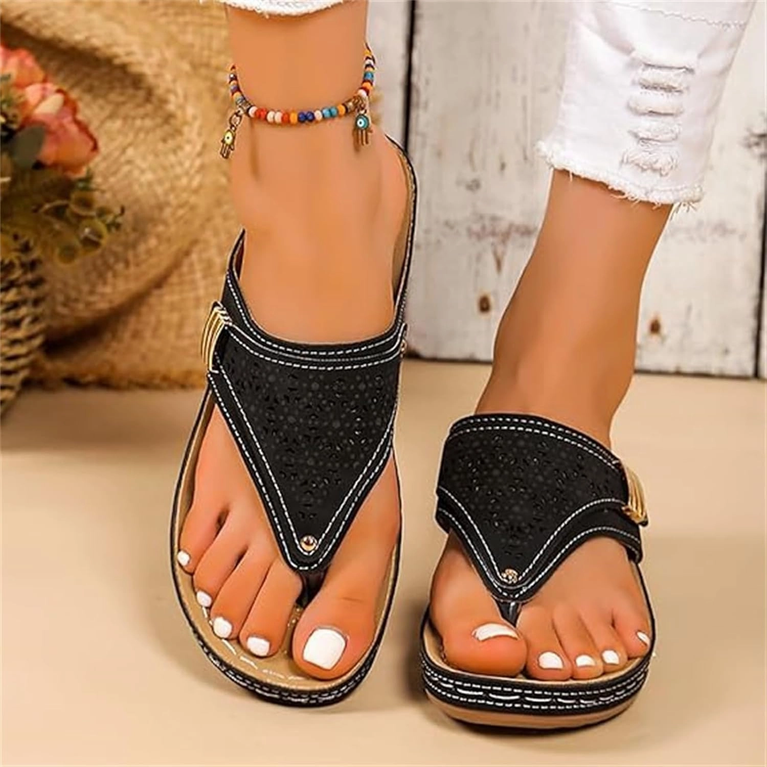 Ladmiple Sandals Women Dressy Summer Flat Cute Casual Beach Shoes Orthopedic Arch Support Thong Flip Flops Orthotic Slides Size 11 Slip On Shoes