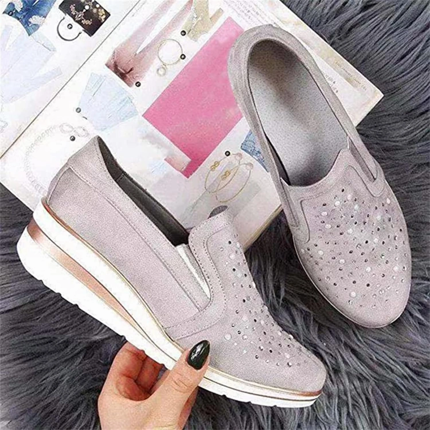 Ladmiple Shoes For Women Sneakers Trendy Fashion Slip on Walking Shoes Casual Summer Lace Low Platform Flats Loafers Slip Slip