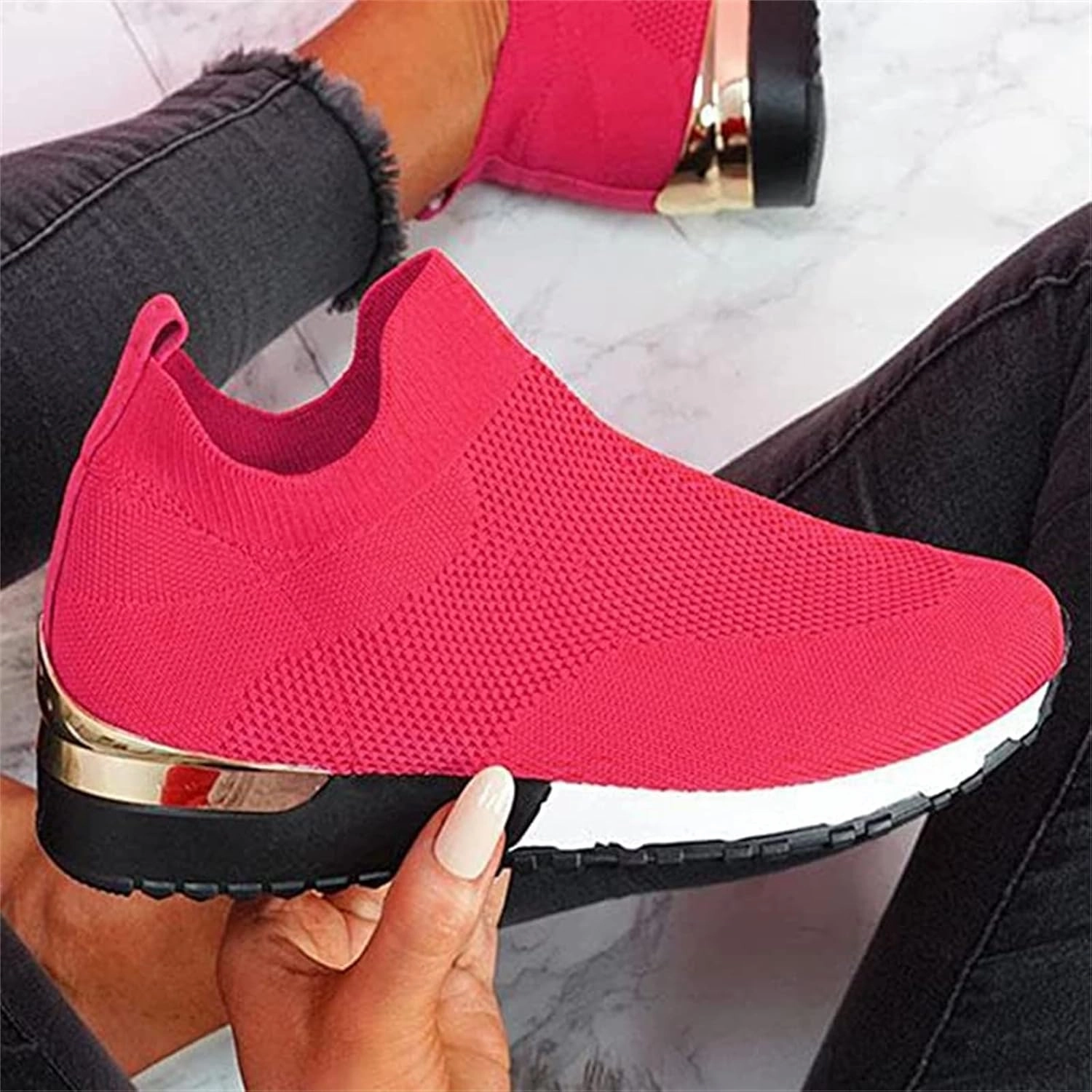 Lausiuoe Slip On Sneakers Women Wide Width Walking Tennis Shoes Running Casual Comfortable Mesh Athletic Gym Sock Shoes Slip On Fur Shoes
