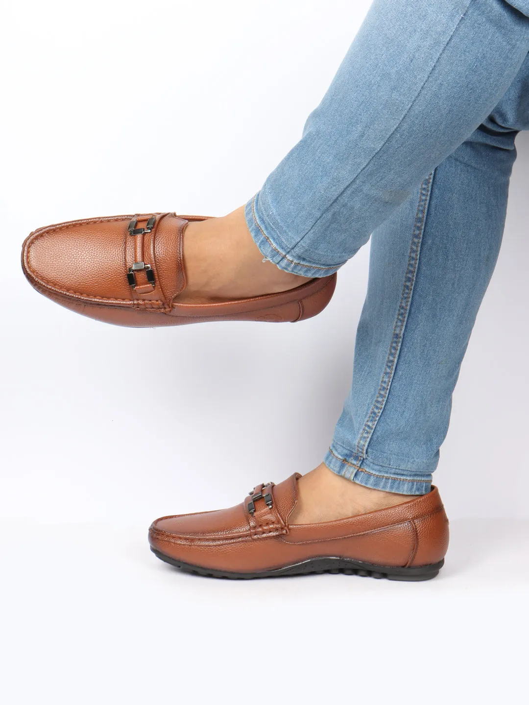 Loafers Wide Fit Men Tan Textured Design Horsebit Buckle Casual Classic Slip On Moccasins and Loafers