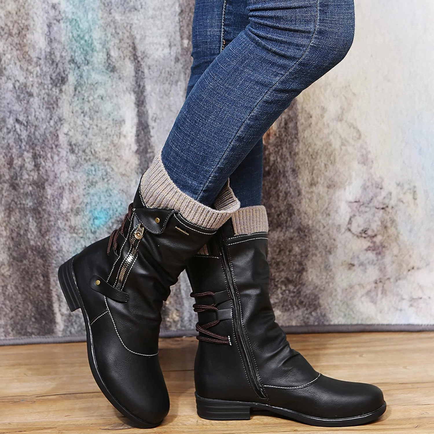 Hiking Boots Women Retro Knit Elastic Ankle Western Cowboy Boots Zipper Chunky Heel Strappy Mid-Calf Boots Jcpenney Combat Boots
