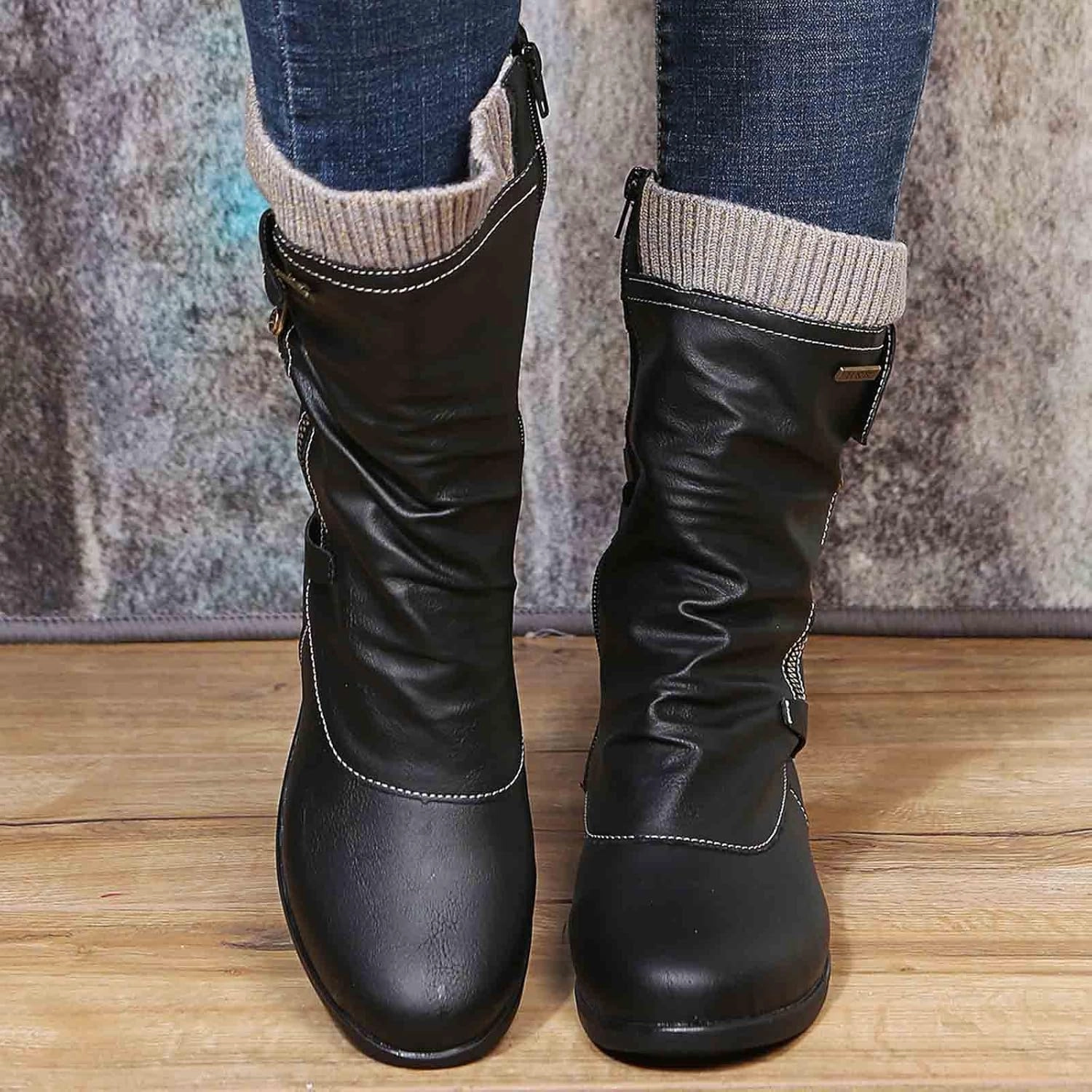 Hiking Boots Women Retro Knit Elastic Ankle Western Cowboy Boots Zipper Chunky Heel Strappy Mid-Calf Boots Cool Ways To Lace Combat Boots