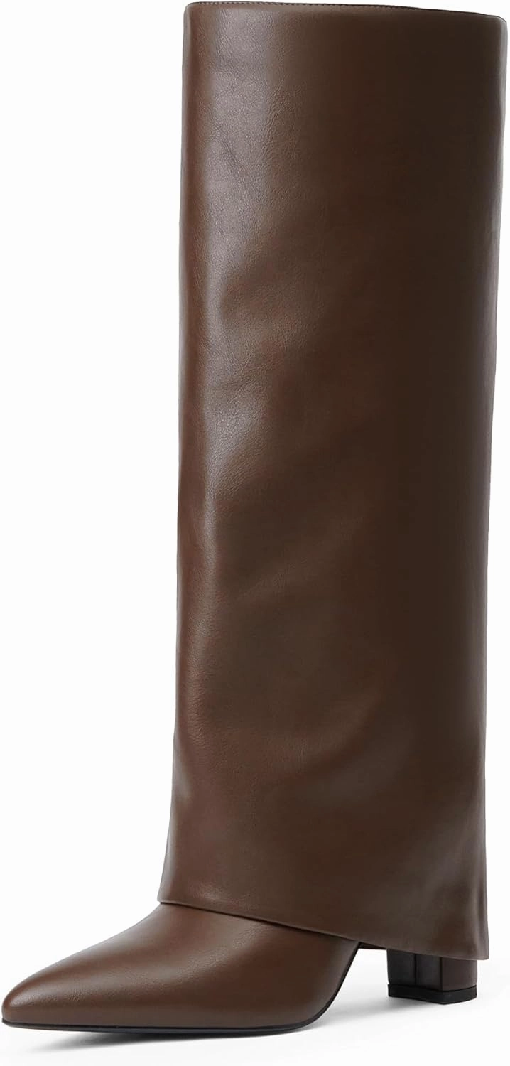 Modatope Knee High Boots Women Fold Over Knee High Boots Chunky High Heels Long Boots Zipper Pointed Toe Dress Tall Boots for Women Boots Knee High Small Heel