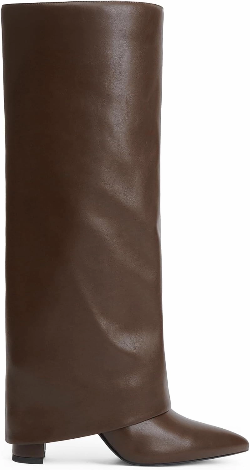 Knee High Boots Leather Block Heel Modatope Knee High Boots Women Fold Over Knee High Boots Chunky High Heels Long Boots Zipper Pointed Toe Dress Tall Boots for Women