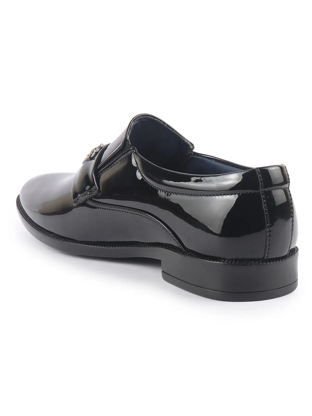 Men Black Horsebit Buckle Patent Leather Party Formal Slip On Shoes|Extra Cushioned Insole Tuxedo Loafers for Wedding, Reception, Cocktail|Slip Resistant Sole Knee High Boots Short Heel