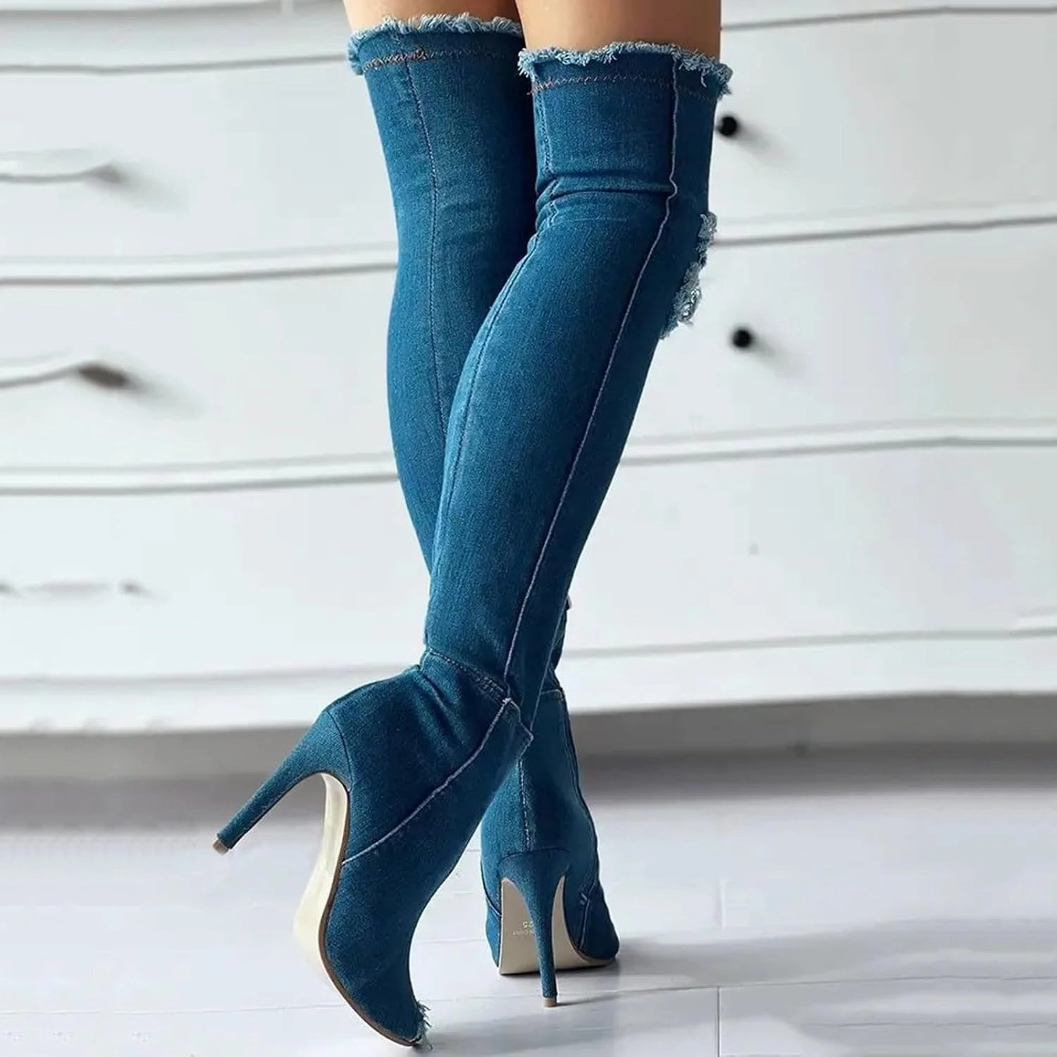 Over The Knee High Boots Flat Knee High Boots Women Low Heel Winter Boots for Women Fashion Open Cowboy Knee High Boots Skinny Open Toe Shoes