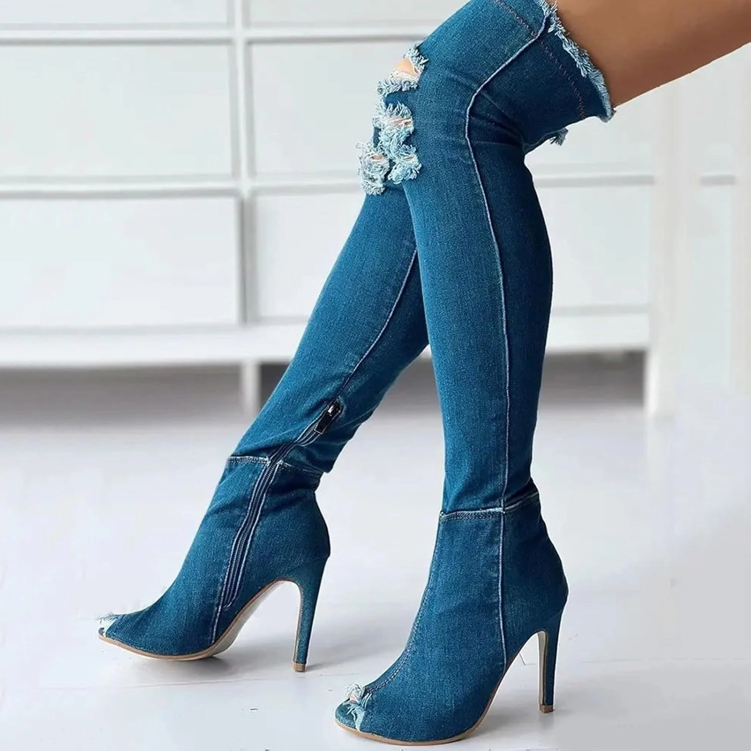 Square-toe Leather Knee-high Boots Knee High Boots Women Low Heel Winter Boots for Women Fashion Open Cowboy Knee High Boots Skinny Open Toe Shoes