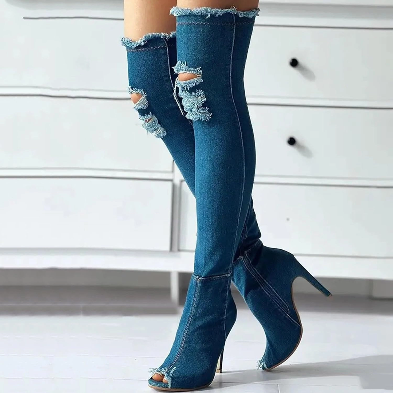 Small Wedge Knee High Boots Knee High Boots Women Low Heel Winter Boots for Women Fashion Open Cowboy Knee High Boots Skinny Open Toe Shoes