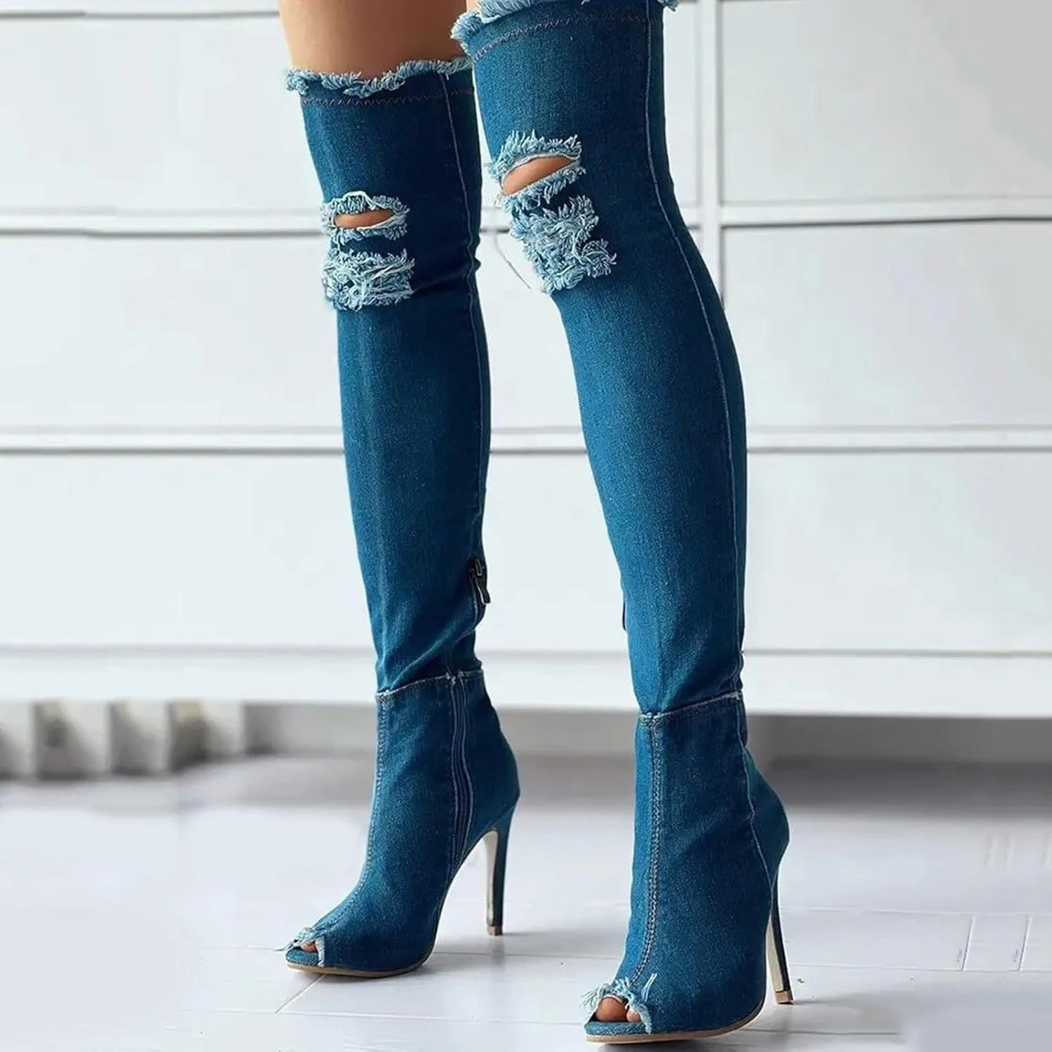 Knee High Boots Women Low Heel Winter Boots for Women Fashion Open Cowboy Knee High Boots Skinny Open Toe Shoes Knee High Brown Leather Boots