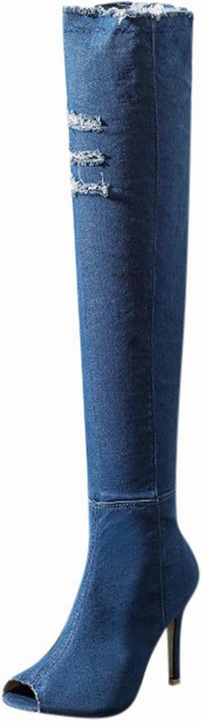 Knee High Boots Women Low Heel Winter Boots for Women Fashion Open Cowboy Knee High Boots Skinny Open Toe Shoes Dress With Knee High Boots