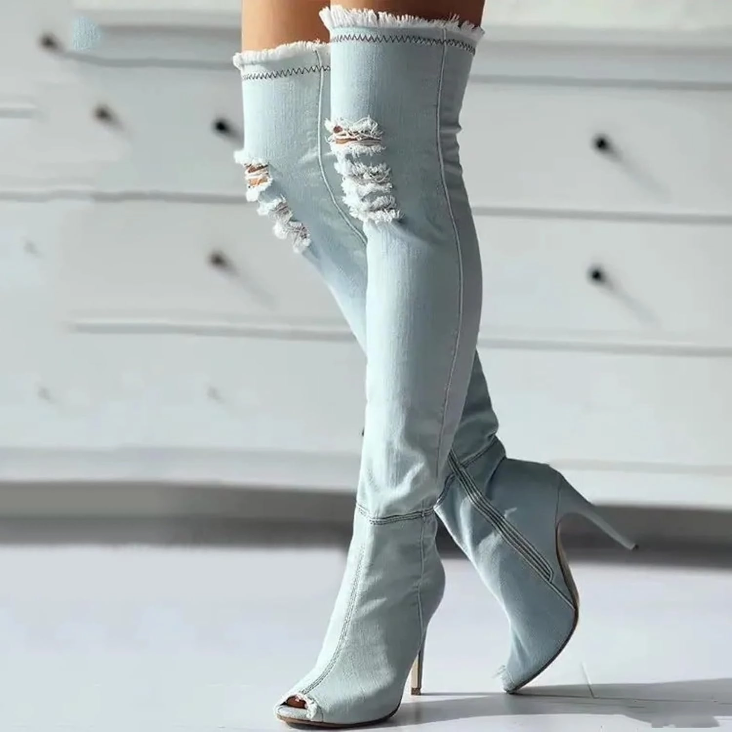 Camel High Knee Boots Knee High Boots Women Low Heel Winter Boots for Women Fashion Open Cowboy Knee High Boots Skinny Open Toe Shoes