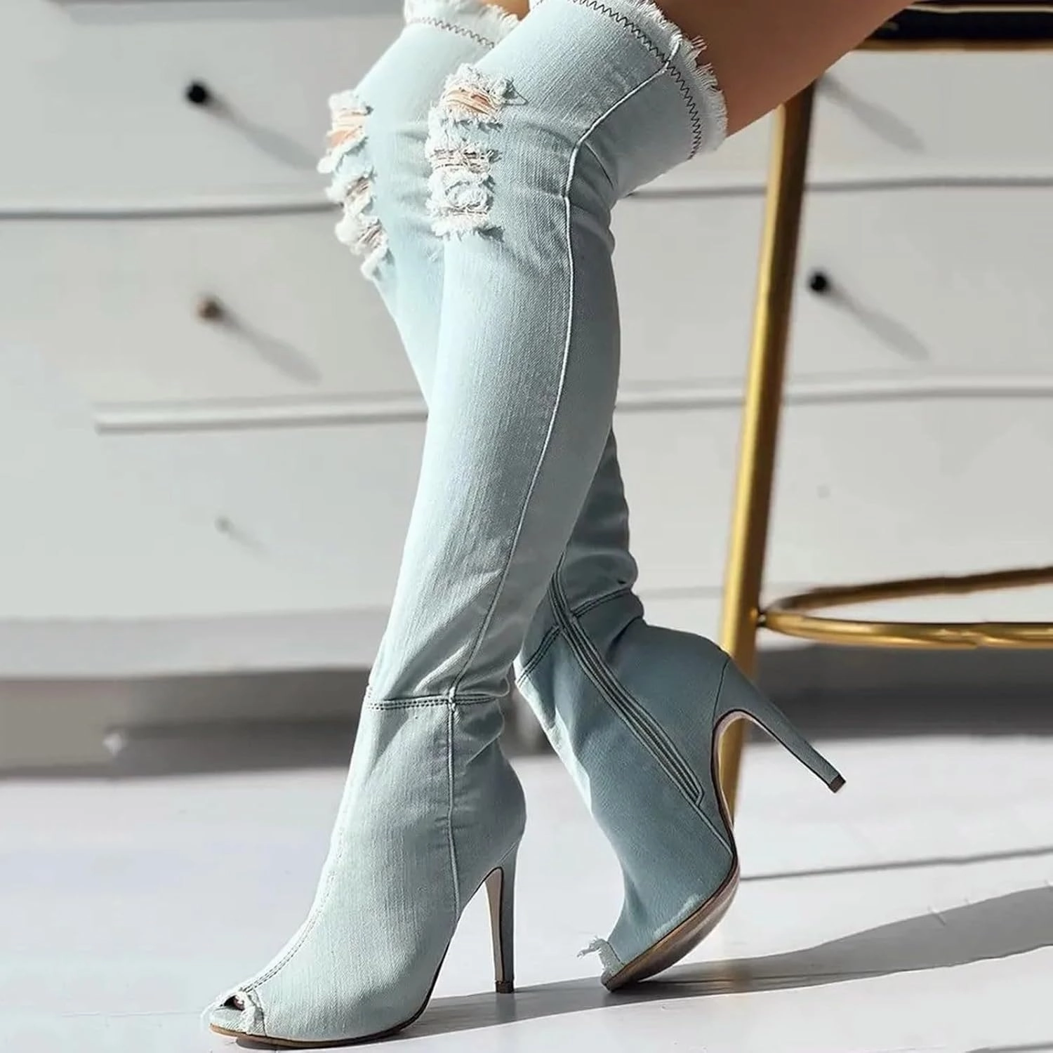 Knee High Boots Women Low Heel Winter Boots for Women Fashion Open Cowboy Knee High Boots Skinny Open Toe Shoes Knee High Boots Lace Back