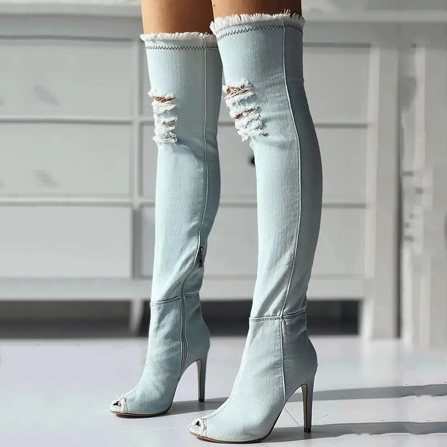 Knee High Boots Women Low Heel Winter Boots for Women Fashion Open Cowboy Knee High Boots Skinny Open Toe Shoes Chunky Leather Boots Knee High