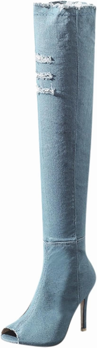 Knee High Boots Women Low Heel Winter Boots for Women Fashion Open Cowboy Knee High Boots Skinny Open Toe Shoes Colorful Knee High Boots