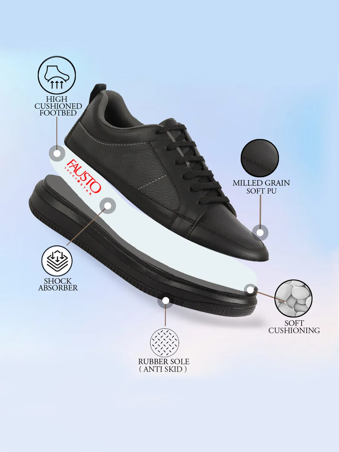 Men Black Classic Chunky Lace Up Sneaker Ankle Shoes|Walking|Low Top|Casual Shoe For Arch Support Best Walking