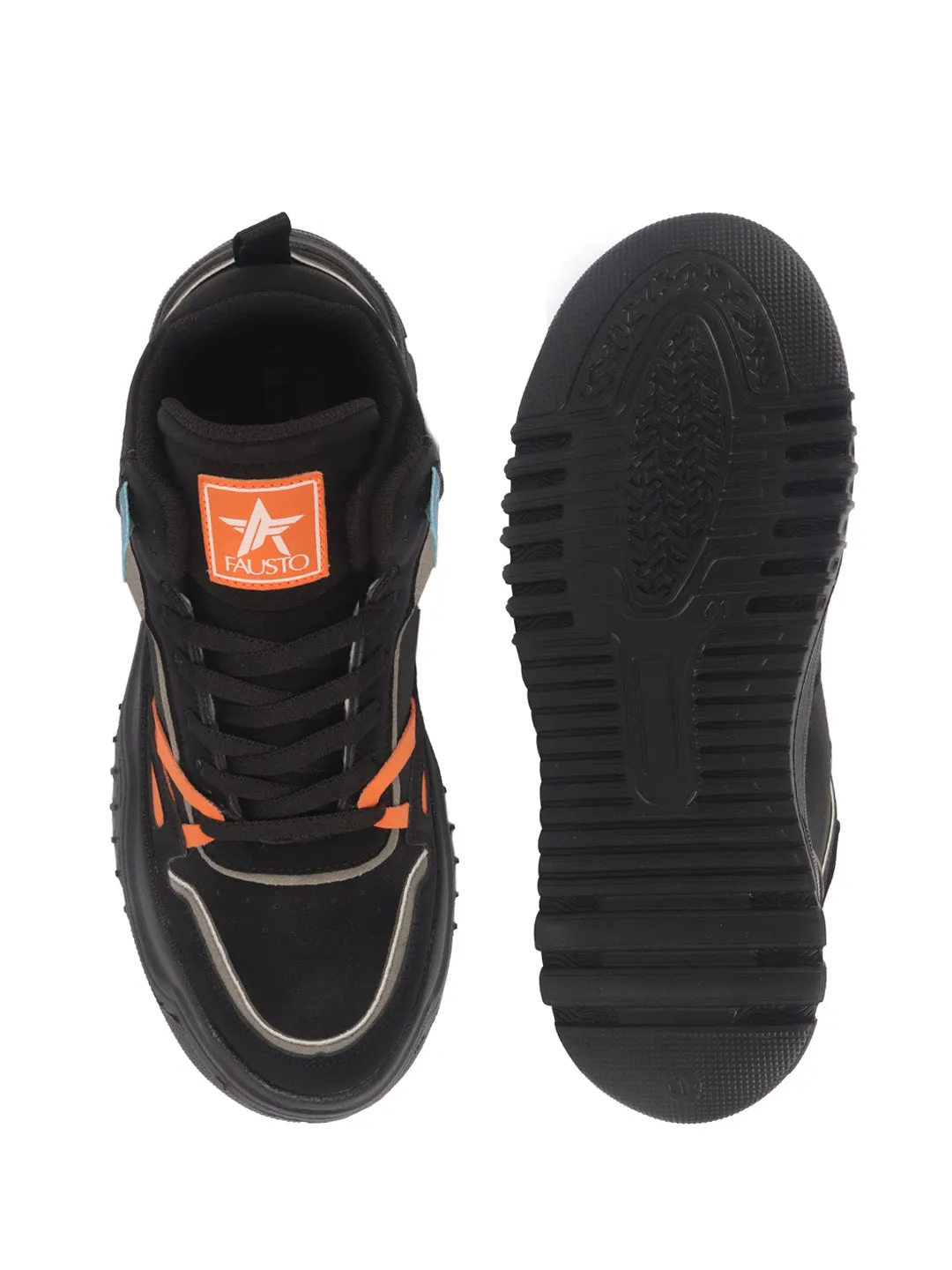 Men Black Colorblocked High Top Feather Lite Lace Up Sneakers|High Ankle Sneaker Shoes|Chunky Lace Up Casual Shoes Granny In High Heels