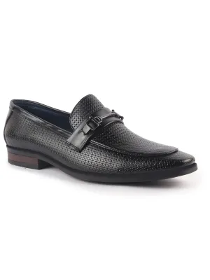 Men Black Horsebit Buckle Textured Classic Party Formal Slip On Shoes|Memory Cushioned Insole Loafers for Office, Meeting, Wedding|All Day Comfort High Heels Treadmill