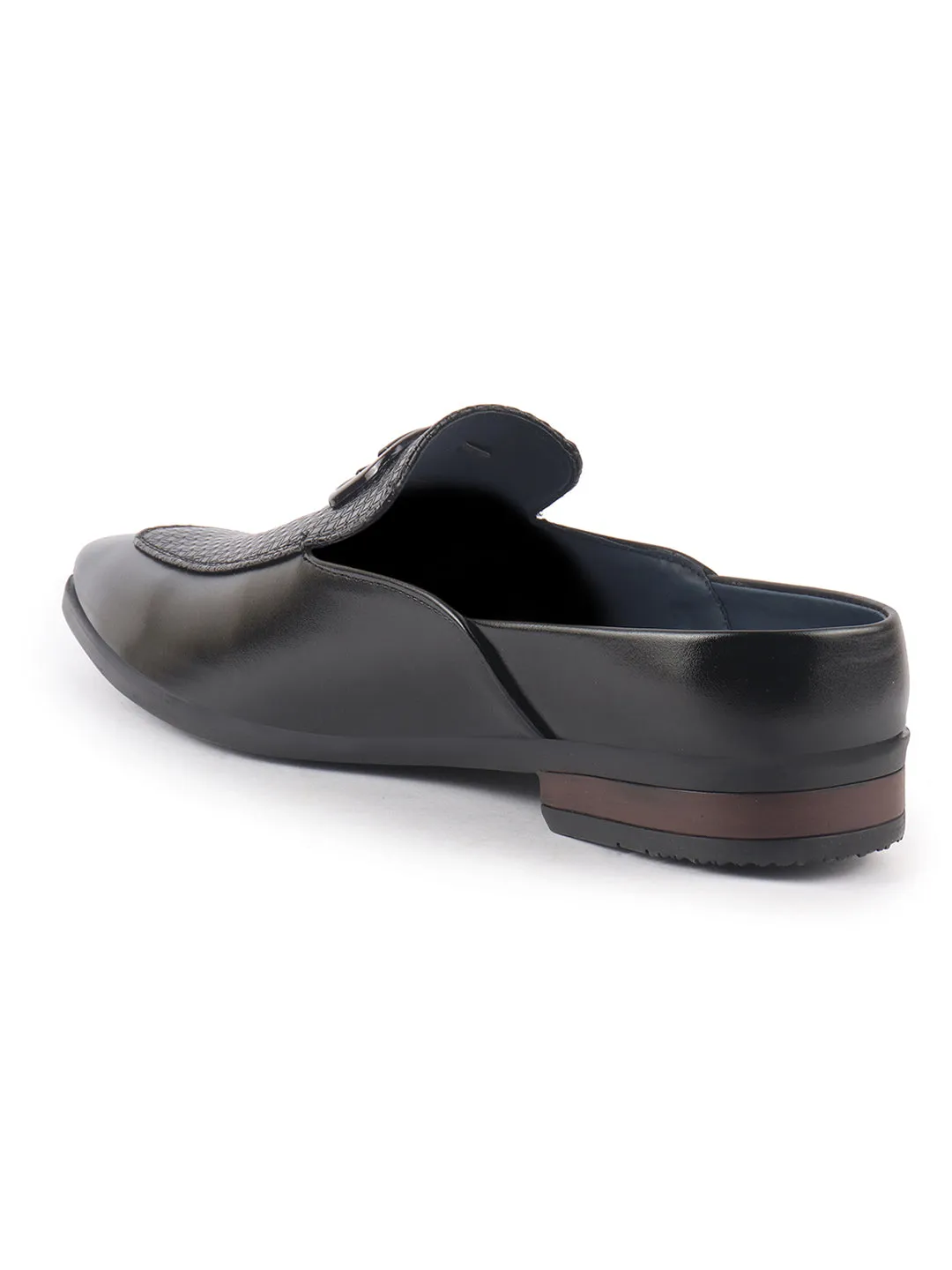 Men Black Textured Upper Classic Buckle Evening Party Back Open Slip On Formal Shoes|Memory Cushioned Insole Tuxedo Mules for Wedding, Office Event, Cocktail Dress|Lightweight and Comfort Tip High Heels