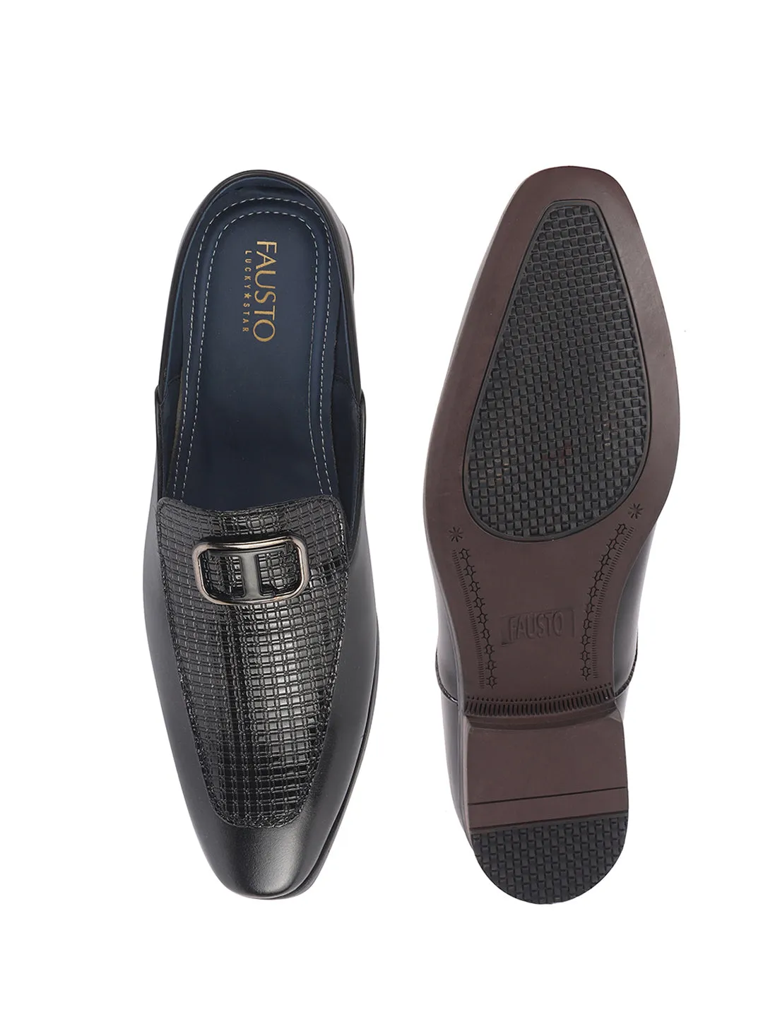 High Ankle Boots Low Heel Men Black Textured Upper Classic Buckle Evening Party Back Open Slip On Formal Shoes|Memory Cushioned Insole Tuxedo Mules for Wedding, Office Event, Cocktail Dress|Lightweight and Comfort