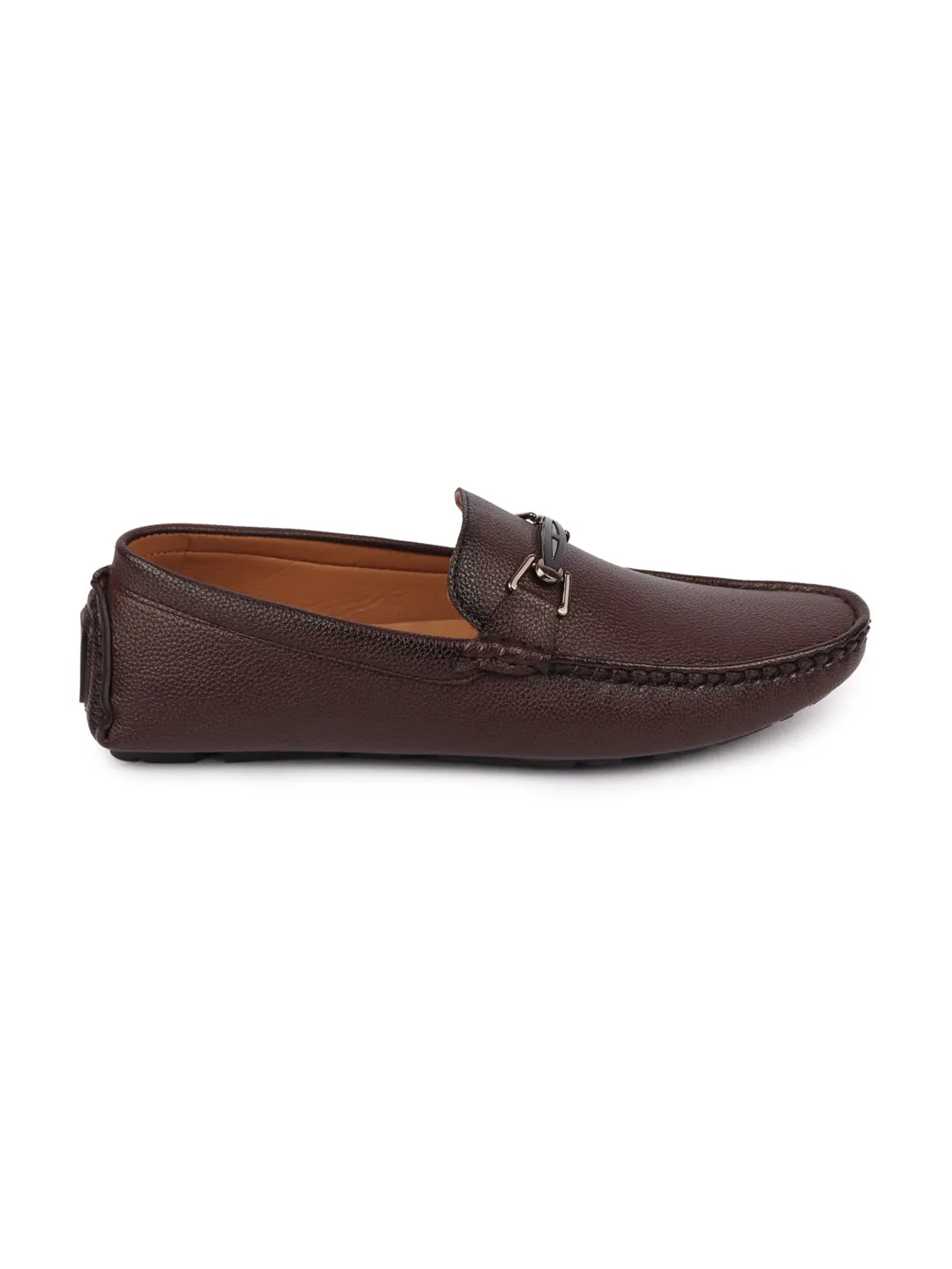 Men Brown Casual Slip On Textured Stitched Design Driving Loafer and Moccasin Shoes Metallic Gold Loafers