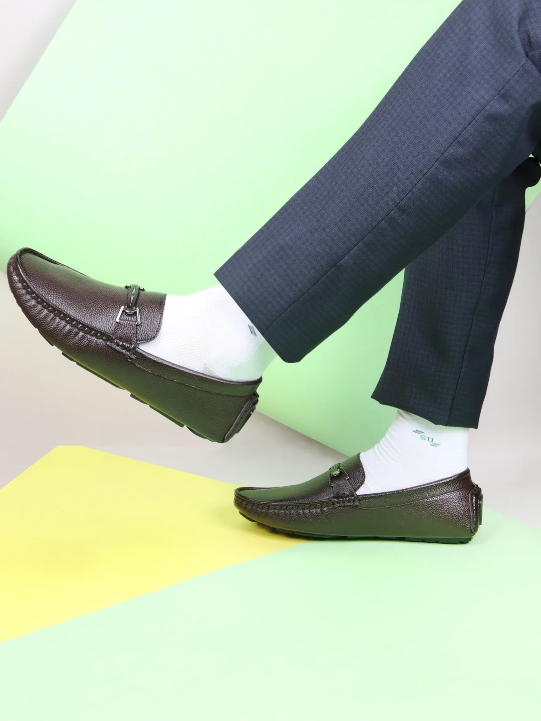 Skull Loafers Men Brown Casual Slip On Textured Stitched Design Driving Loafer and Moccasin Shoes