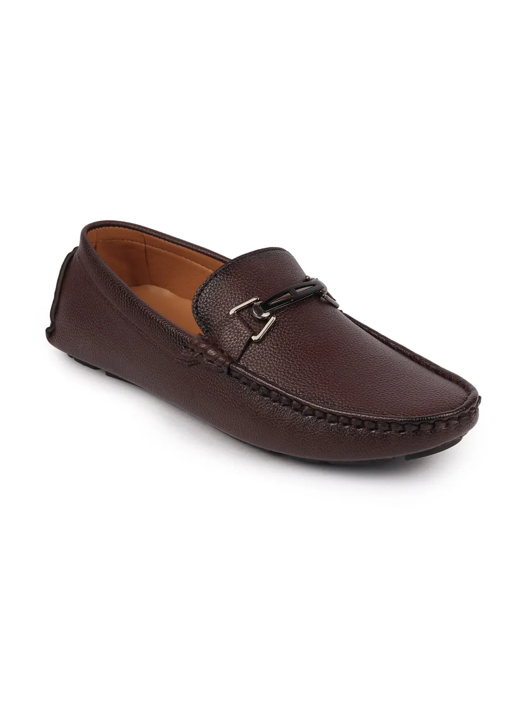 Leather Casual Loafers Men Brown Casual Slip On Textured Stitched Design Driving Loafer and Moccasin Shoes