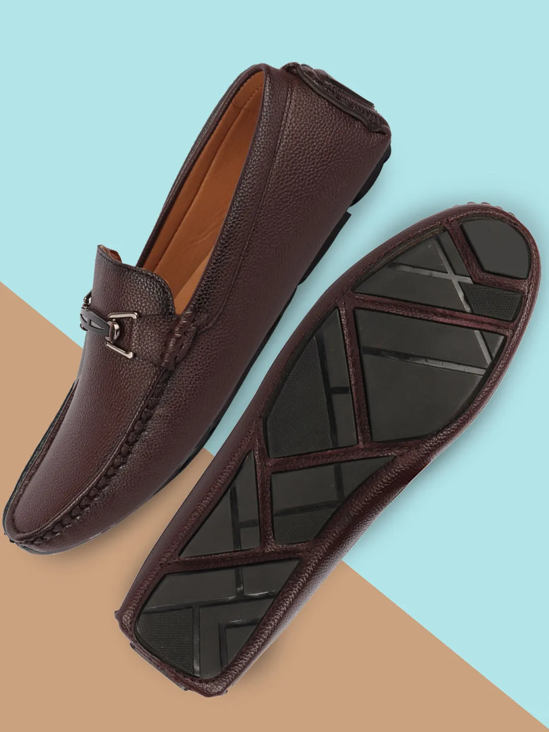 Chunky Loafers With Socks Men Brown Casual Slip On Textured Stitched Design Driving Loafer and Moccasin Shoes