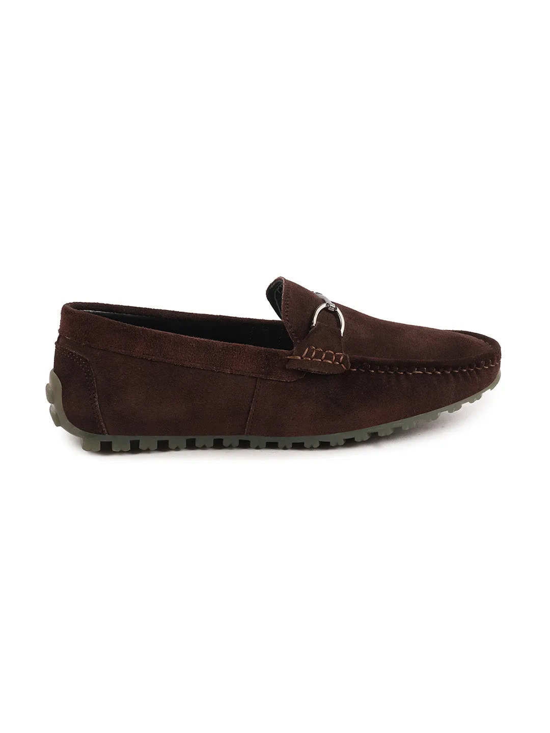 Loafers With Open Back Men Brown Horsebit Buckle Suede Leather Slip On Driving Loafers