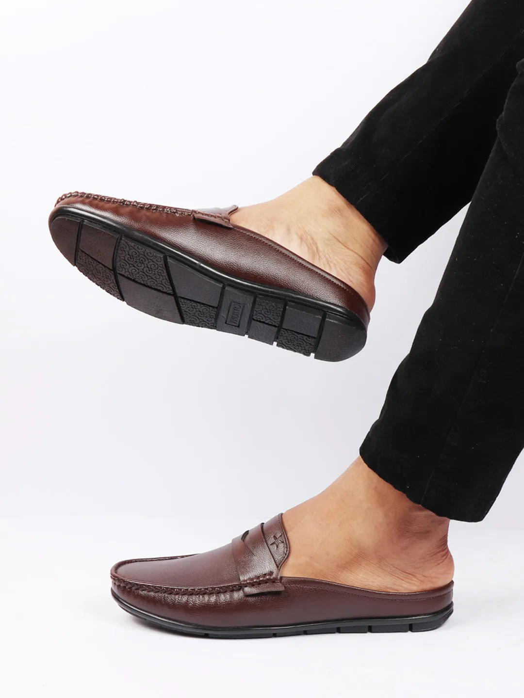 Podiatrist Recommended Walking Shoes Men Brown Slip On Back Open Stitched Mules Casual Shoes