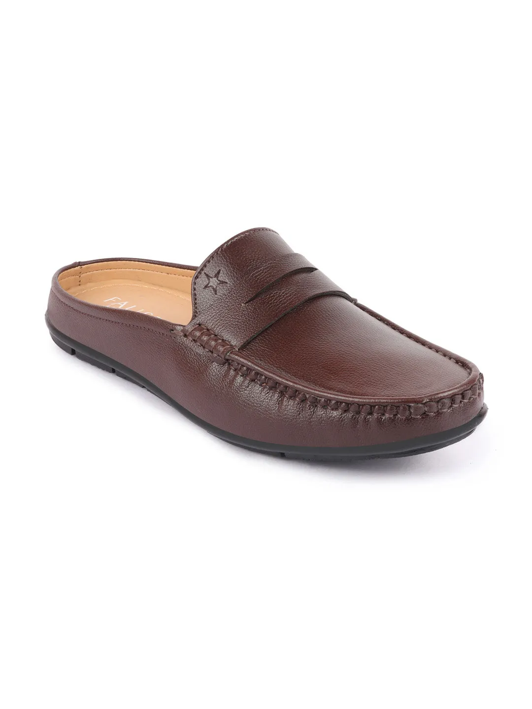 Men Brown Slip On Back Open Stitched Mules Casual Shoes Orthotic Walking