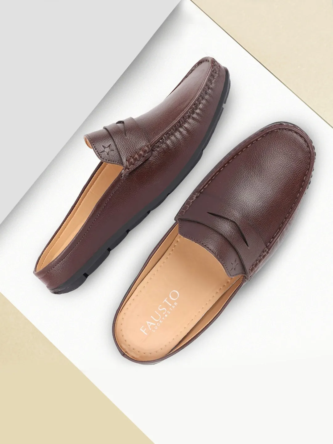 Casual Walking Shoe Men Brown Slip On Back Open Stitched Mules Casual Shoes