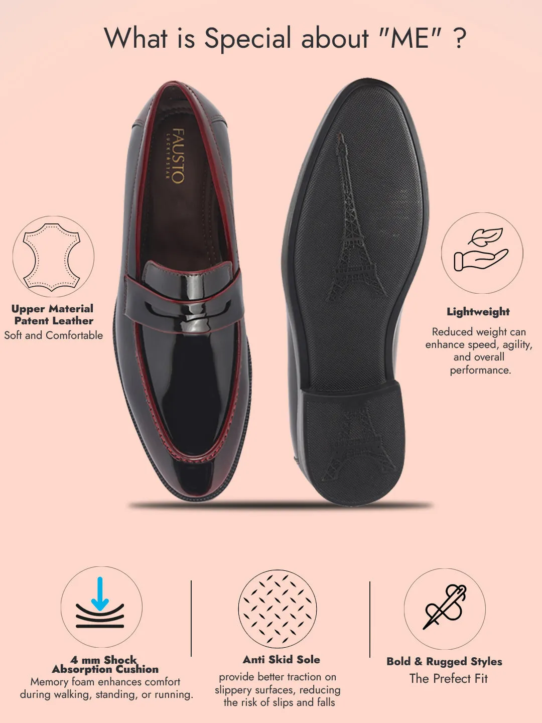 Men Cherry Classic Patent Leather Party Formal Slip On Shoes|Extra Cushioned Insole Tuxedo Loafers for Wedding, Reception, Cocktail|Slip Resistant Lightweight Sole High Heels Tie