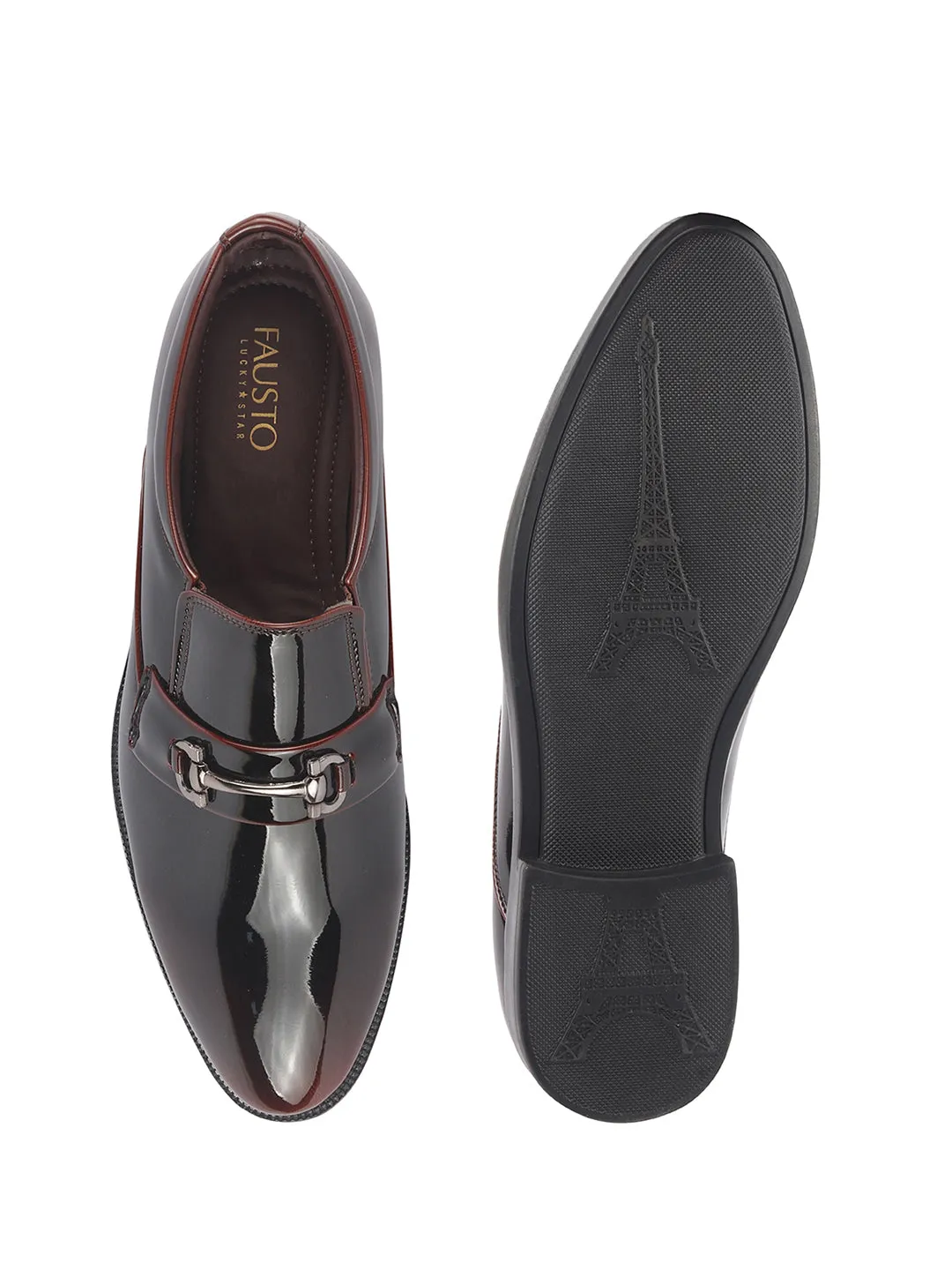 Men Cherry Horsebit Buckle Patent Leather Party Formal Slip On Shoes|Extra Cushioned Insole Tuxedo Loafers for Wedding, Reception, Cocktail|Slip Resistant Sole High Boots Flat Heel