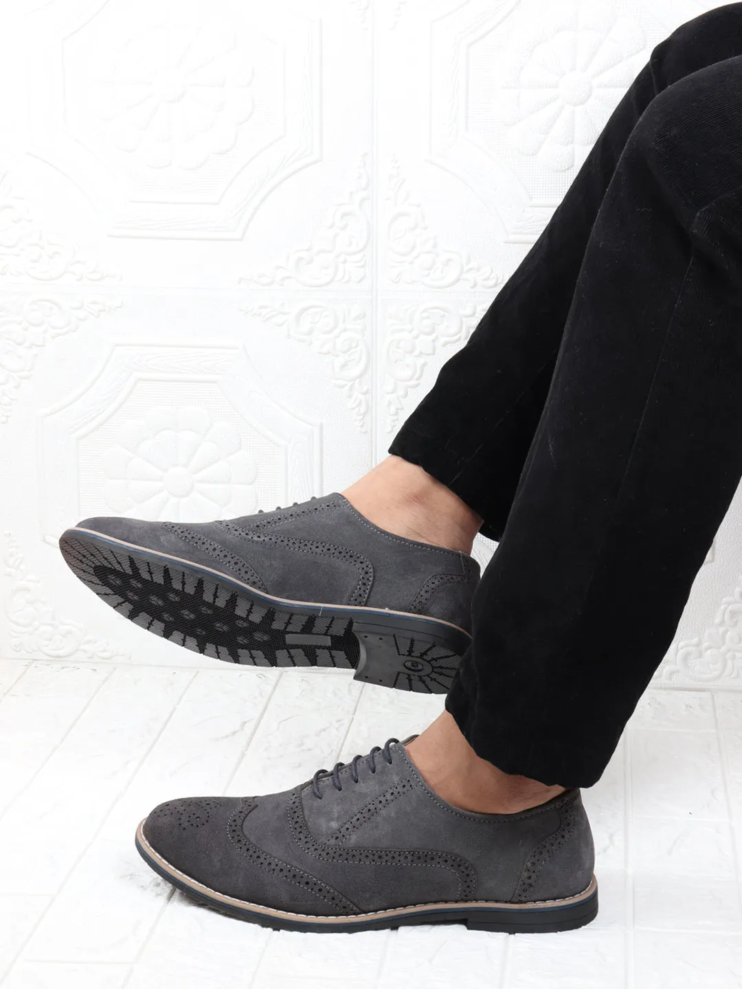 Insoles High Heels Men Grey Suede Leather Brogue Shoes with TPR Welted Sole