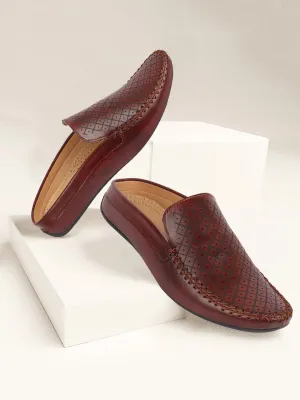 For Someone With Flat Feet Best Walking Men Maroon Stitched Block Design Pattern Back Open Slip On Loafer Shoes