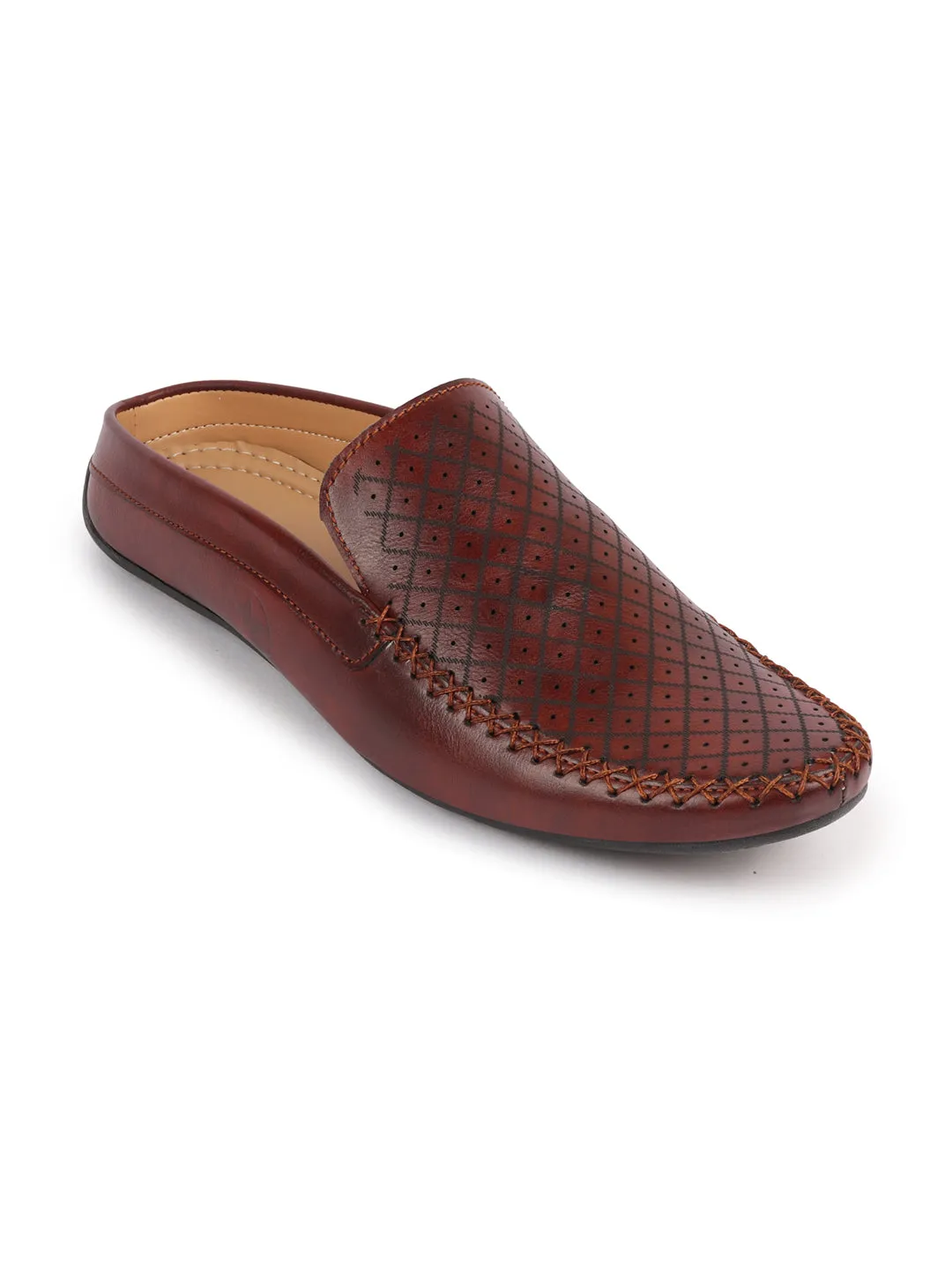 Squeak When Walking Men Maroon Stitched Block Design Pattern Back Open Slip On Loafer Shoes